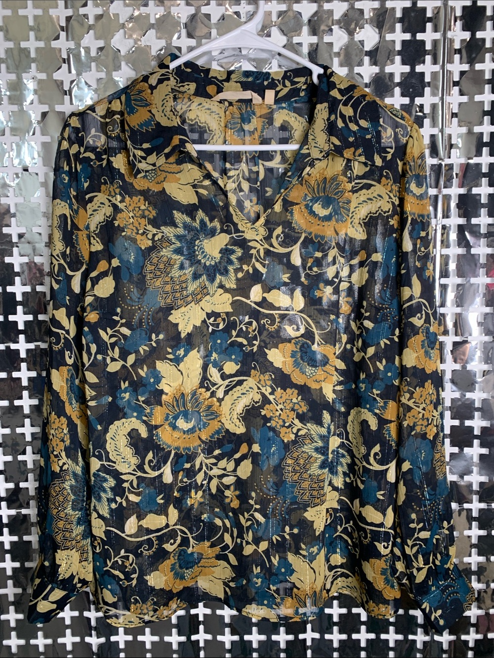 Soft Surroundings Navy Floral Button-Front Blouse with Mustard Accents